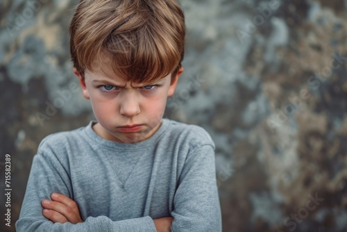 Frustrated young boy overwhelmed by anger and emotions. photo