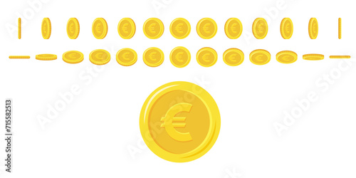 Euro coins rotating. Set of rotation gold coins at different angles for animation. Flat vector illustration.