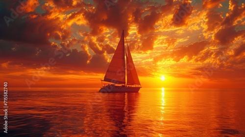 sailboat at sunset at open sea, competitive sailing © nataliya_ua
