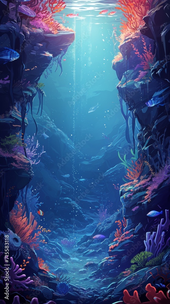 Vibrant Underwater Painting With Coral and Fish