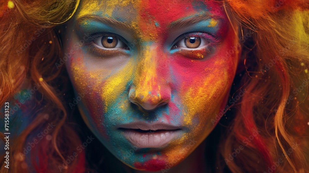 Close-up portrait of a beautiful girl with multicolored makeup. AI.