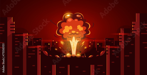 Cartoon explosion in city. Nuclear armageddon with fire and smoke in the middle of town, catastrophe with explosive fire wave. Vector set