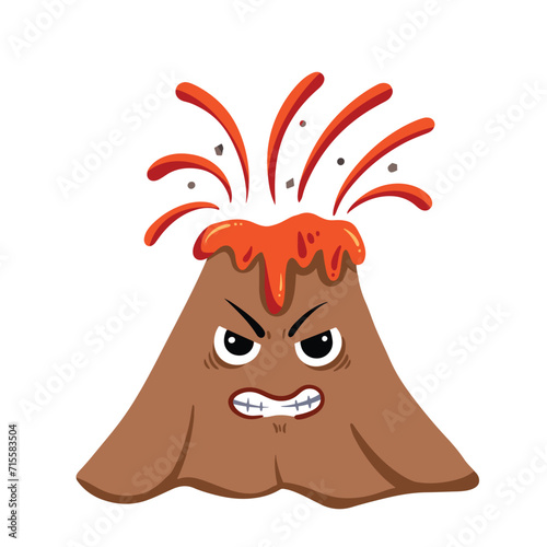 Angry brown mountain with volcano eruption activity with lava fire and stones coming out. Natural disaster vector illustration. Simple flat colorful character cartoon art styled drawing.