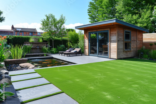 a back garden with artificial grass, grey paving slab patio, summer house garden timber outbuilding, fish pond © Kien