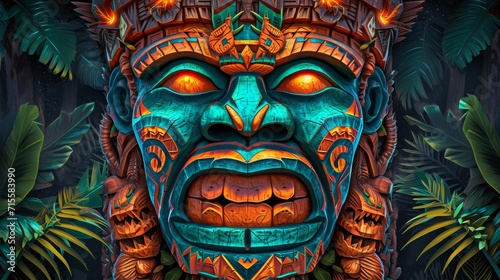 Intricately Carved Wooden Tiki Mask Illuminated at Night in a Tropical Setting