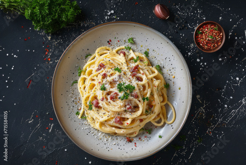 Top view carbonara on a plate  with pepper  garlic  and parsley on the side