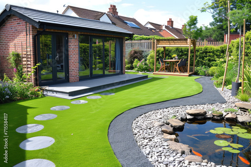 a back garden with artificial grass, grey paving slab patio, summer house garden timber outbuilding, fish pond photo