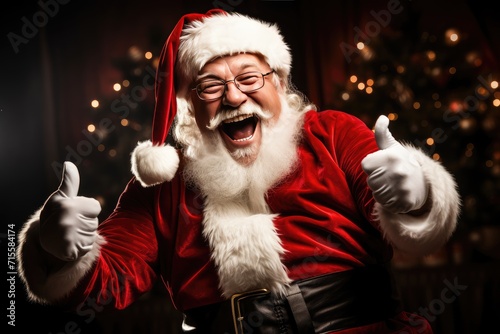 Joyful Santa Claus Celebrating in Red Suit Against a Dark Background