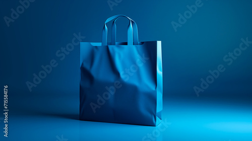 Close up cropped blue paper bag with food products or gift present isolated on blue color wall background studio. Delivery service from shop or restaurant concept. Copy space advertising mock up