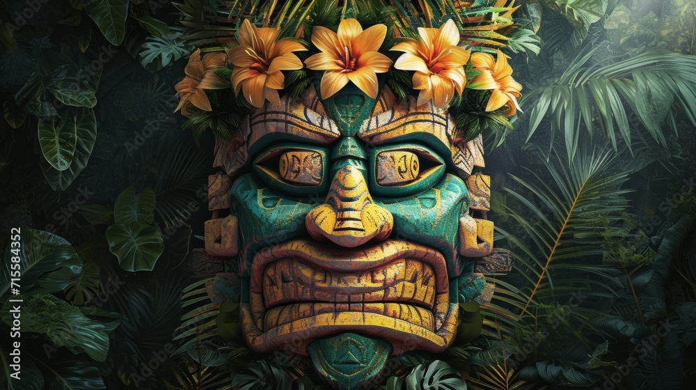 Tiki Mask Adorned With Flower Headpiece, Traditional Polynesian Decorative Art