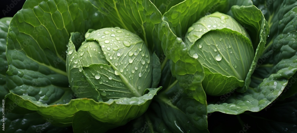 Fototapeta premium Glistening water drops on fresh cabbage vegetables in a captivating close up macro detail for banner