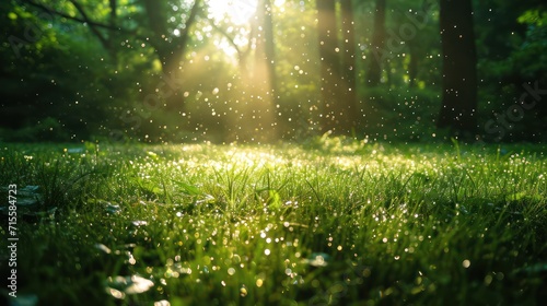 Lush green grass on meadow with drops of water dew in shining light. Generative AI