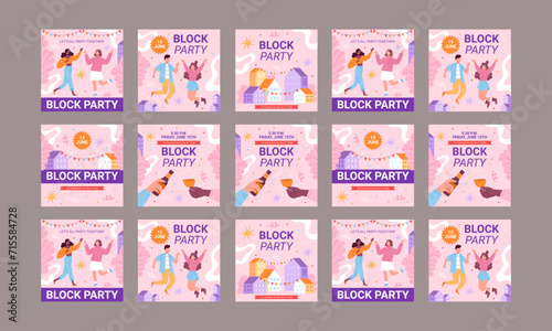 happy block party 2024 social media post template vector flat design