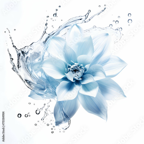 Abstract illustration of water splash with blue flower bud on white isolated background. Generative ai.