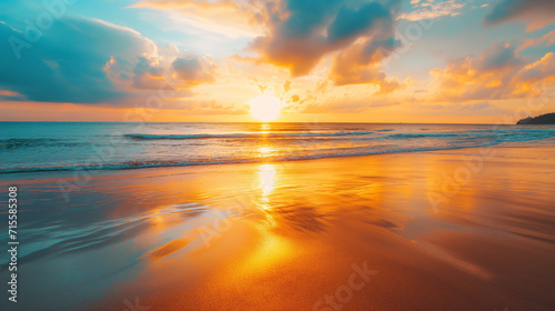 Tranquil Sunset at Tropical Beach. Panoramic Seascape with Golden Sky and Calm Sea Sand. Relaxing Summer Mood © R.I.T.A. Creatives