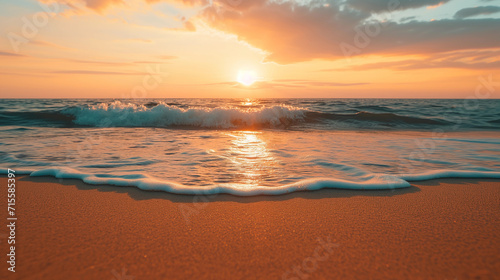 Tranquil Sunset at Tropical Beach. Panoramic Seascape with Golden Sky and Calm Sea Sand. Relaxing Summer Mood