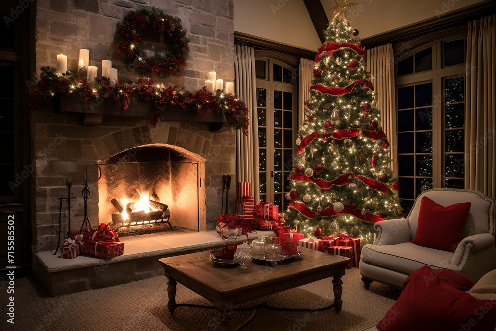 Christmas living room interior with fireplace, armchair and christmas tree