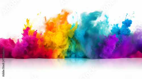  Colorful rainbow holi paint color powder explosion isolated on white wide panorama background, generative ai