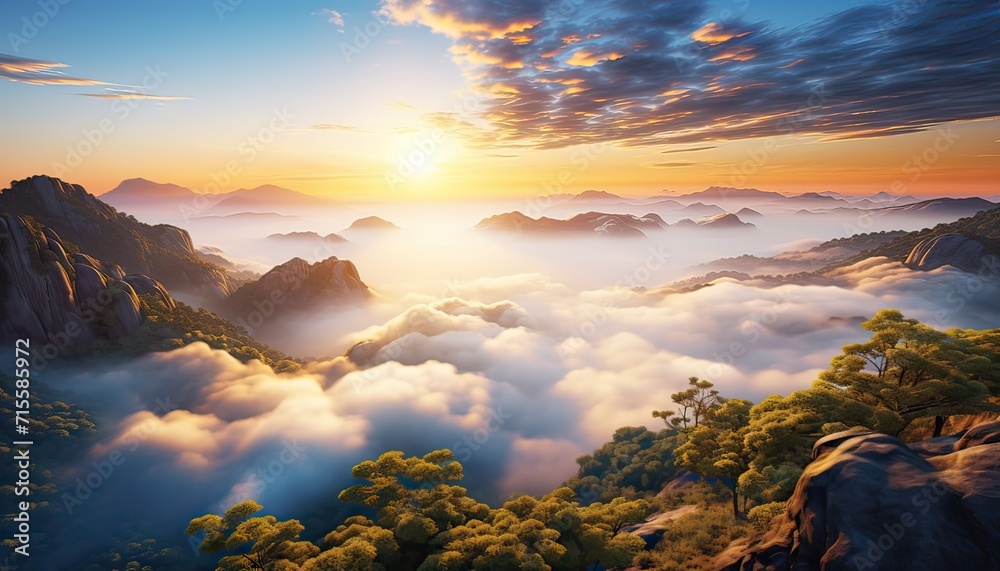 View of the sea of clouds from the top of the mountain peak. Tropical rainforest with vibrant morning reflection of the sunrise. View of the sea of clouds from the top of the mountain peak. Tropical rainforest with vibrant morning reflection of the sunrise.