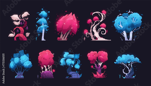 Fantastic magic trees. Cartoon alien forest with funny glowing leaves and branches, funny fairy tale elements for GUI design. Vector set