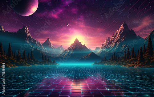 Retro Futuristic neon gaming landscape background photo