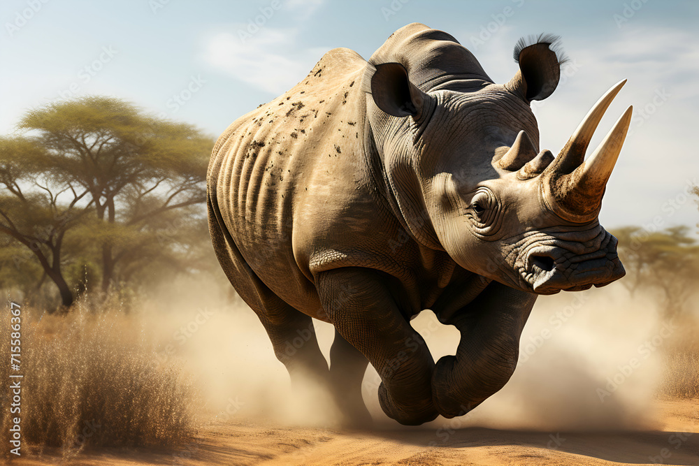 Fototapeta premium White rhinoceros (Ceratotherium simum) running in the savannah
