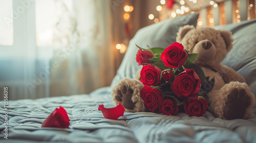 valentines bear with roses on a bed