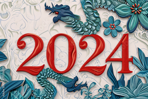 The text "2024" chinese new year theme in a paper cut background