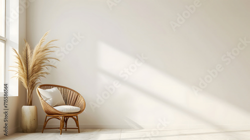 Interior room setting with an empty beige wall for mockups. Cozy brown wicker chair sits beside a potted plant. Natural daylight filters in through a window, casting shadows, copy space. photo