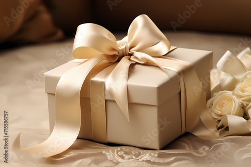 A handsomely wrapped gift, showcasing a luxurious paper and a perfectly tied bow.