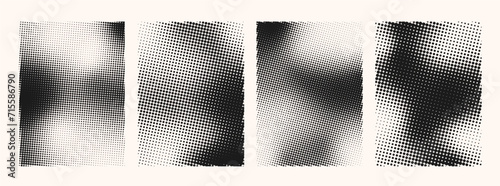 Set of halftone gradient texture. Grunge halftone grid background. White and black sand noise wallpaper. Vintage pixilated grunge vector template for poster, cover, flayer, label.