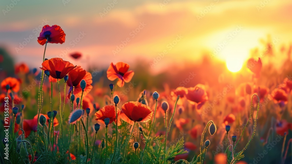 Fototapeta premium poppy field at sunset