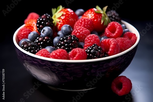 A vibrant bowl of mixed berries  perfectly arranged and glistening with freshness.