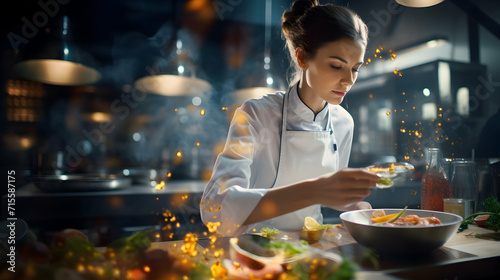 Young female chef of restaurant. Portrait of woman cooking delicious food. Generative ai. photo