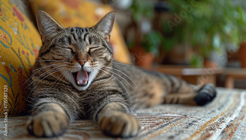Yawning cat, lying on a pillow. A domestic cat laying down to sleep in a comfortable pose photo
