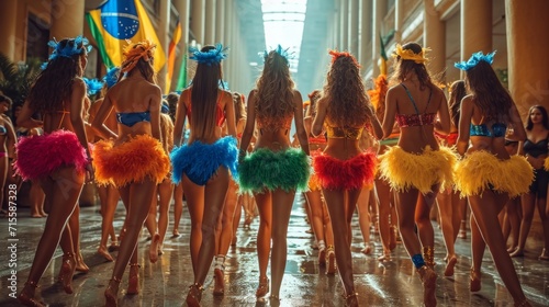 Rear view of beautiful young women in brazilian carnival costumes dancing in the rain. photo