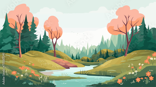Vector illustration of a paper-cut forest scene, creating charming and nature-inspired backgrounds for woodland-themed designs. simple minimalist illustration creative