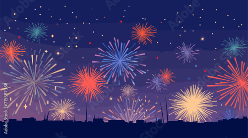 Vectorized fireworks exploding in a night sky, symbolizing the excitement and grandeur of a special occasion or New Year's Eve party. simple minimalist illustration creative