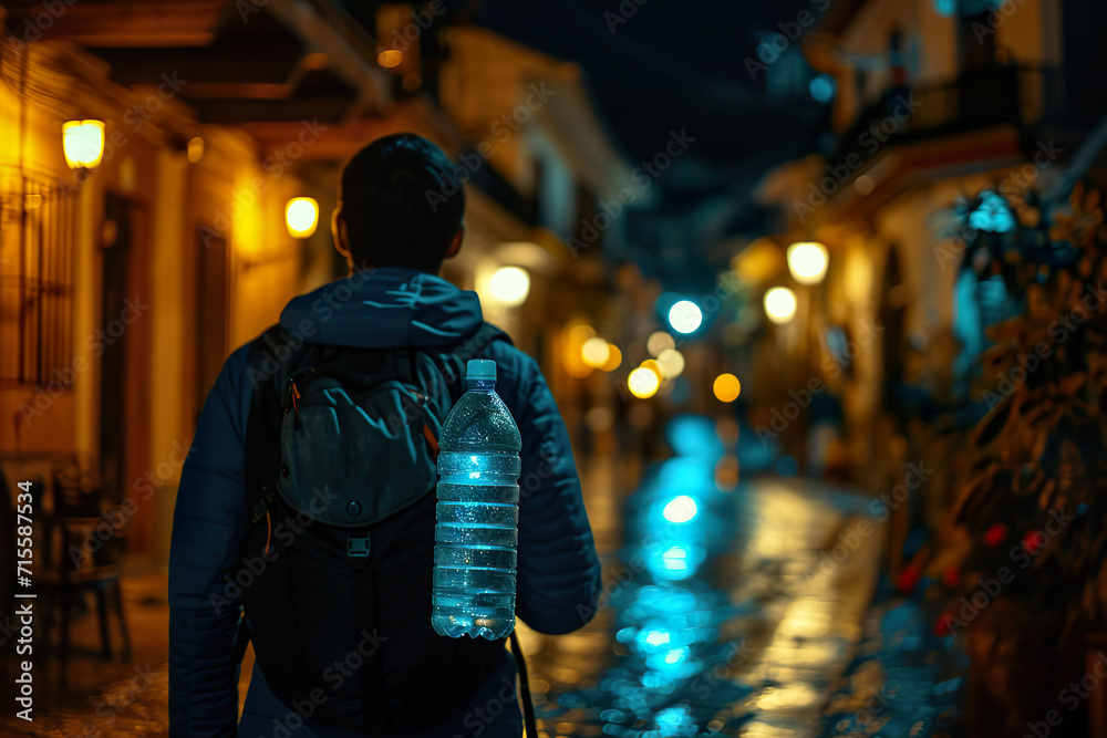 Obraz premium Man with backpack walking at night holding reusable water bottle. 