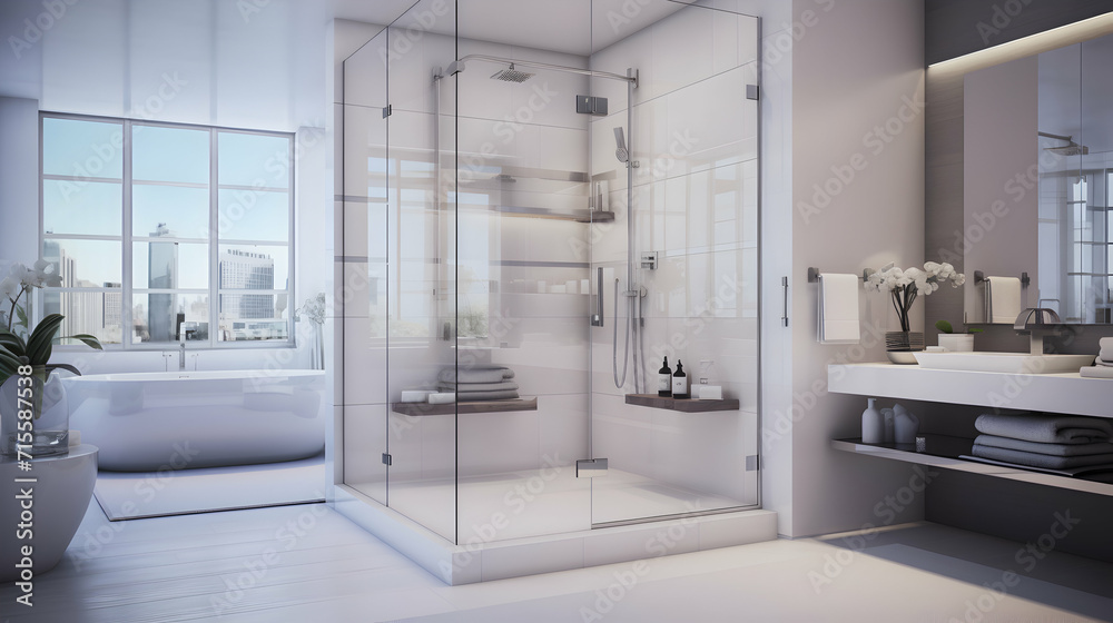 Exclusive modern white bathroom with glass shower, real estate brochure, generative ai Exclusive modern white bathroom with glass shower, real estate brochure, generative ai