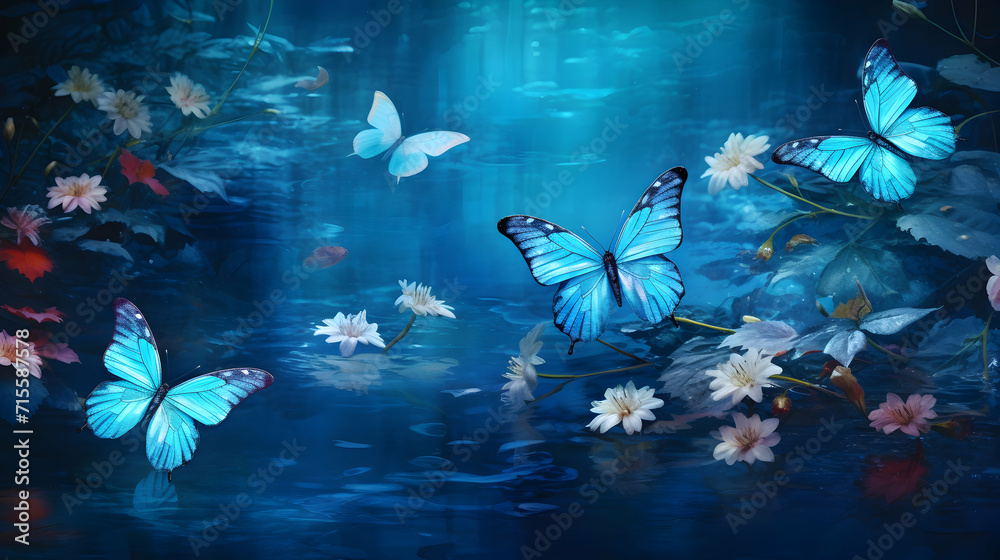 Fototapeta premium Fairy blue butterflies above water. Magic wallpaper, generative ai.