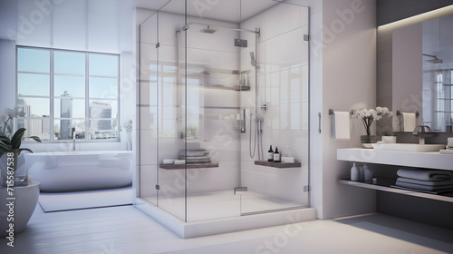 Exclusive modern white bathroom with glass shower  real estate brochure  generative ai