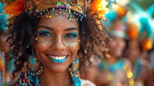 Portrait of beautiful afro american woman with blue lips in carnival costume photo