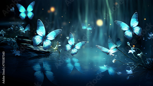 Fairy blue butterflies above water. Magic wallpaper, generative ai. © pawczar