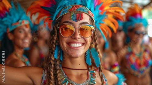 Portrait of a beautiful hipster woman in a colorful headdress and sunglasses at carnival. photo