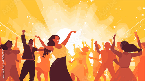 Small minimalist background illustration, line art style. one line, creative,anime. Vector illustration of silhouetted people dancing in a festive crowd, portraying the collective joy and togetherness