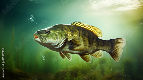 Large freshwater perch underwater. Fishing wallpaper. Generative ai.
