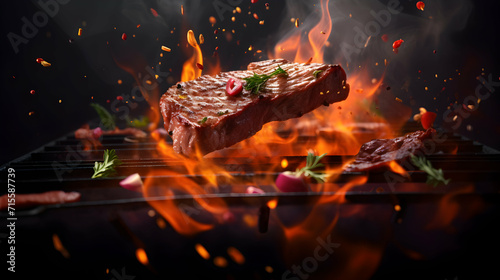 Flying raw milled beef meat, with ingredients for cooking above grill fire. Freeze motion of cooking staff. Concept of food preparation in low gravity mode. Generative ai.
