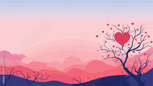 Small minimalist background illustration, line art style. one line, creative,anime. tree branches forming a heart shape against a sunset sky, embodying the natural and romantic elements of a
