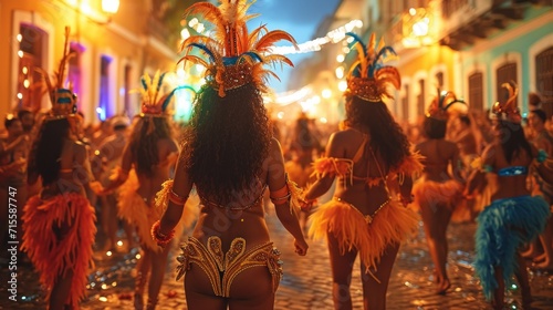 Rear view of a group of brazilian dancers performing at a carnaval parade in the city of Salvador.